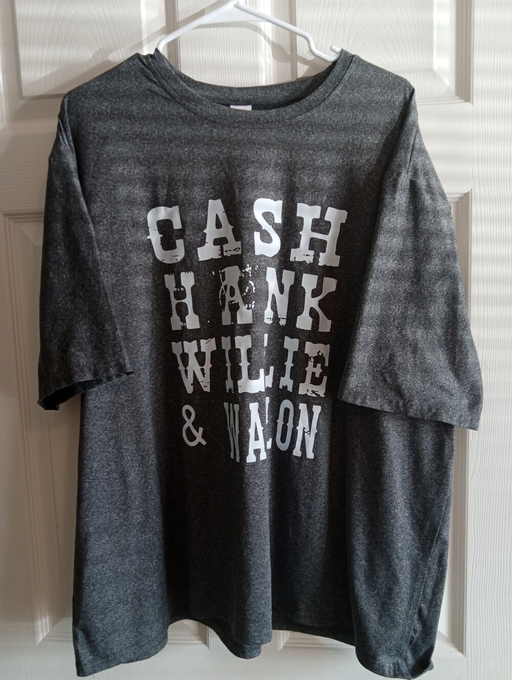Cash Hank Willie & Waylon Dark Gray Tee with White Distressed Musician  Names - Picture 3 of 4